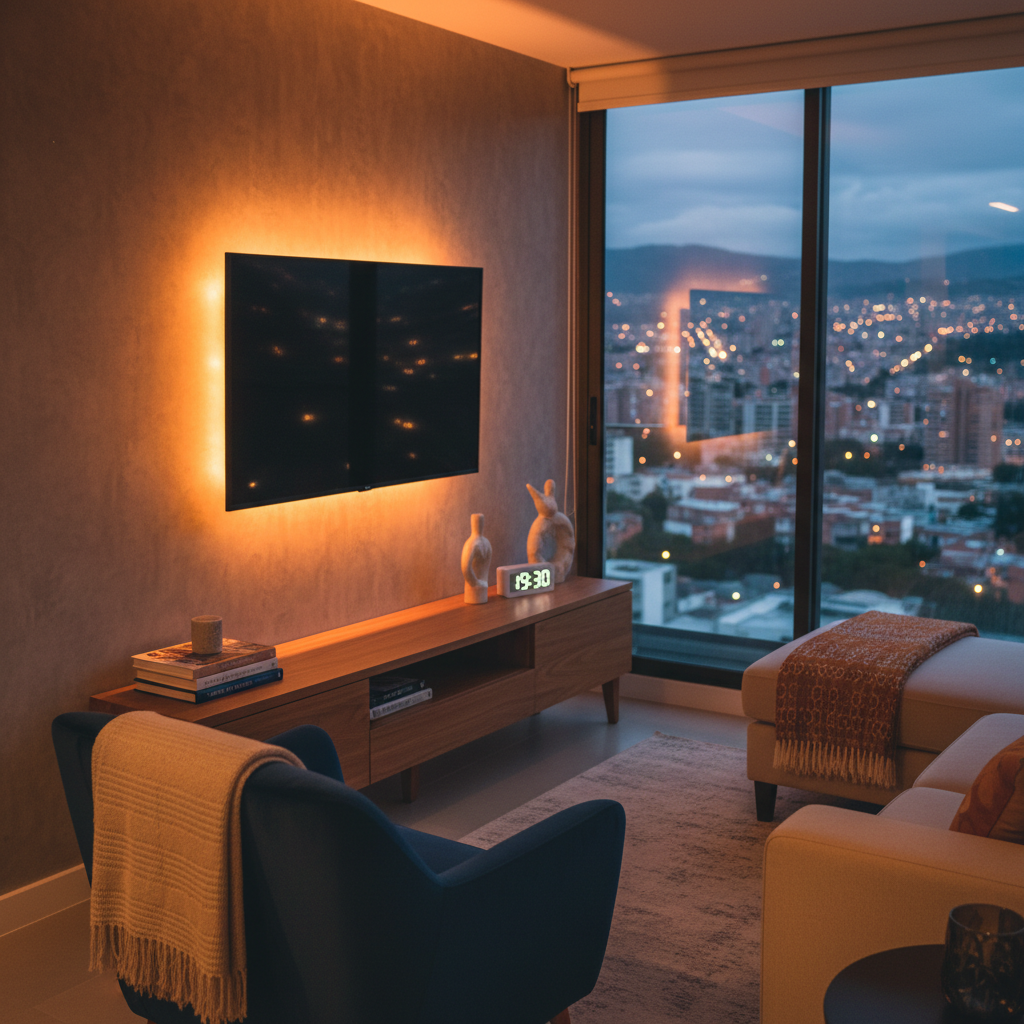 A cozy twilight scene inside a furnished Medellín apartment, showing a smart TV wall with a low wooden media console, subtle LED strip lighting, and a few carefully placed decor objects like books and a small sculpture. A comfortable armchair and a corner of the sofa enter the frame, with a soft throw blanket adding texture. Outside the large window, city lights twinkle in soft bokeh, suggesting nightlife and convenience. Warm indoor lighting contrasts with the cooler tones outside. Photographic realism, medium-wide shot with a cinematic feel, using the rule of thirds to balance furniture and view. The mood is intimate and relaxing, illustrating how guests can unwind after exploring the city.